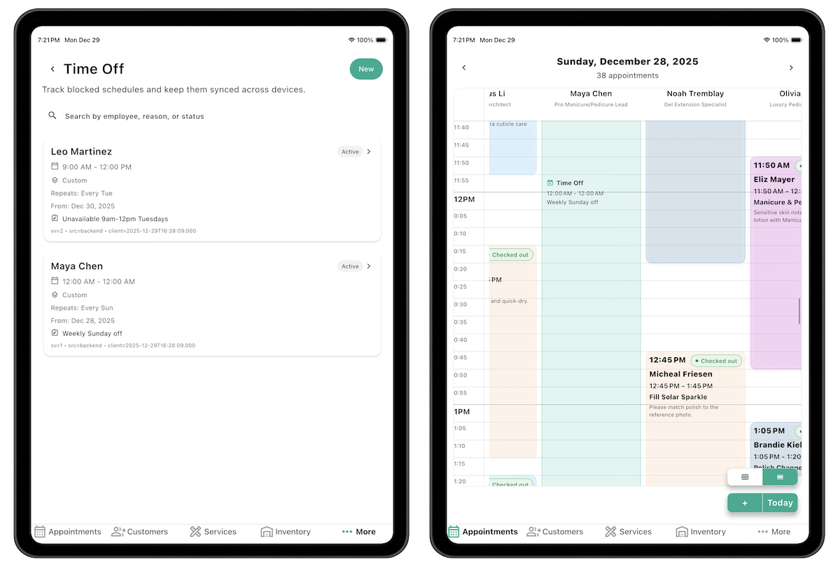 Employee scheduling screenshot