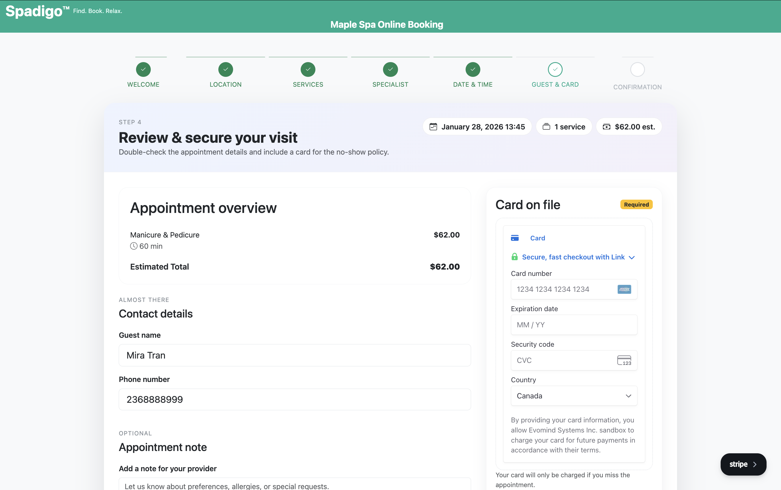 Online booking screenshot